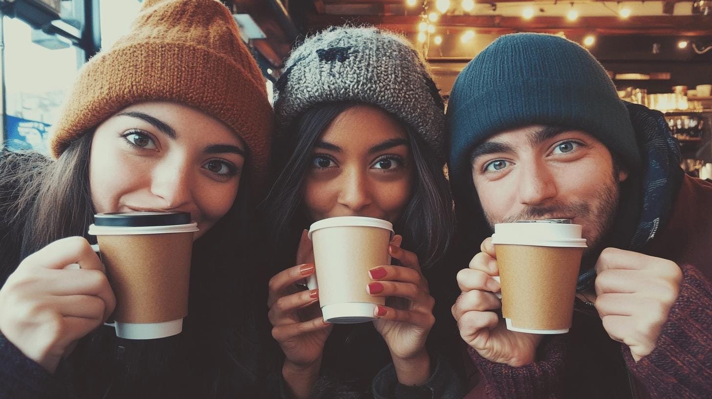 1 man and 2 women holding paper coffee cups close to their mouth and smiling - Allergic to Caffeine Test.jpg