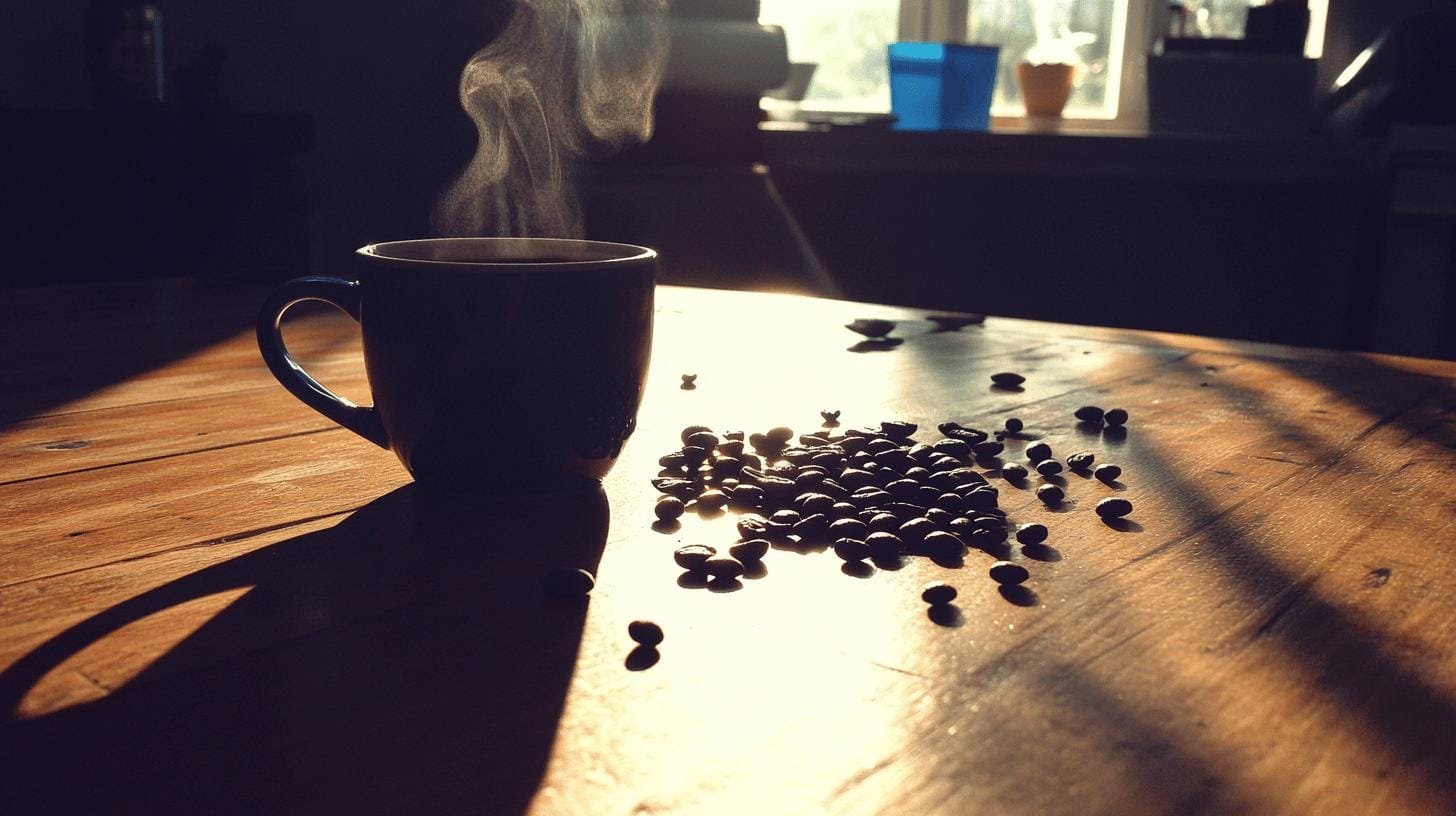 A steaming cup of coffee and grains of coffee beans on a table - Can Coffee Cause Inflammation? .jpg