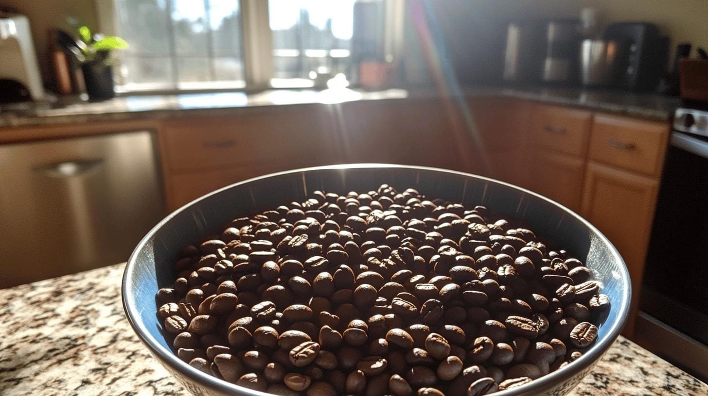 A bowl of coffee beans on a kitchen counter - Does Coffee Lower Cholesterol?