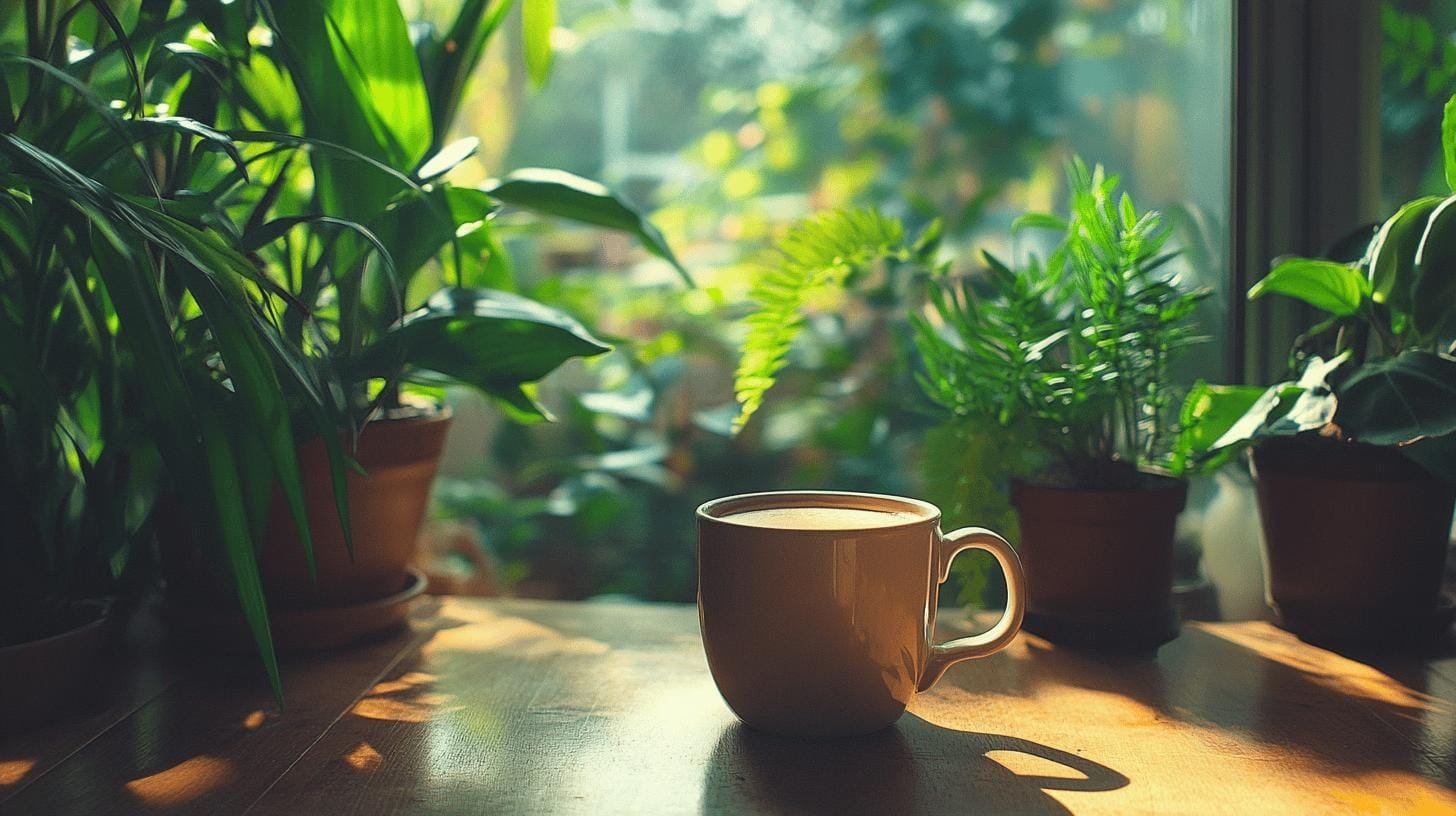 A cup of coffee on a brown surface close to potted plants - Decaf Coffee and Inflammation.jpg