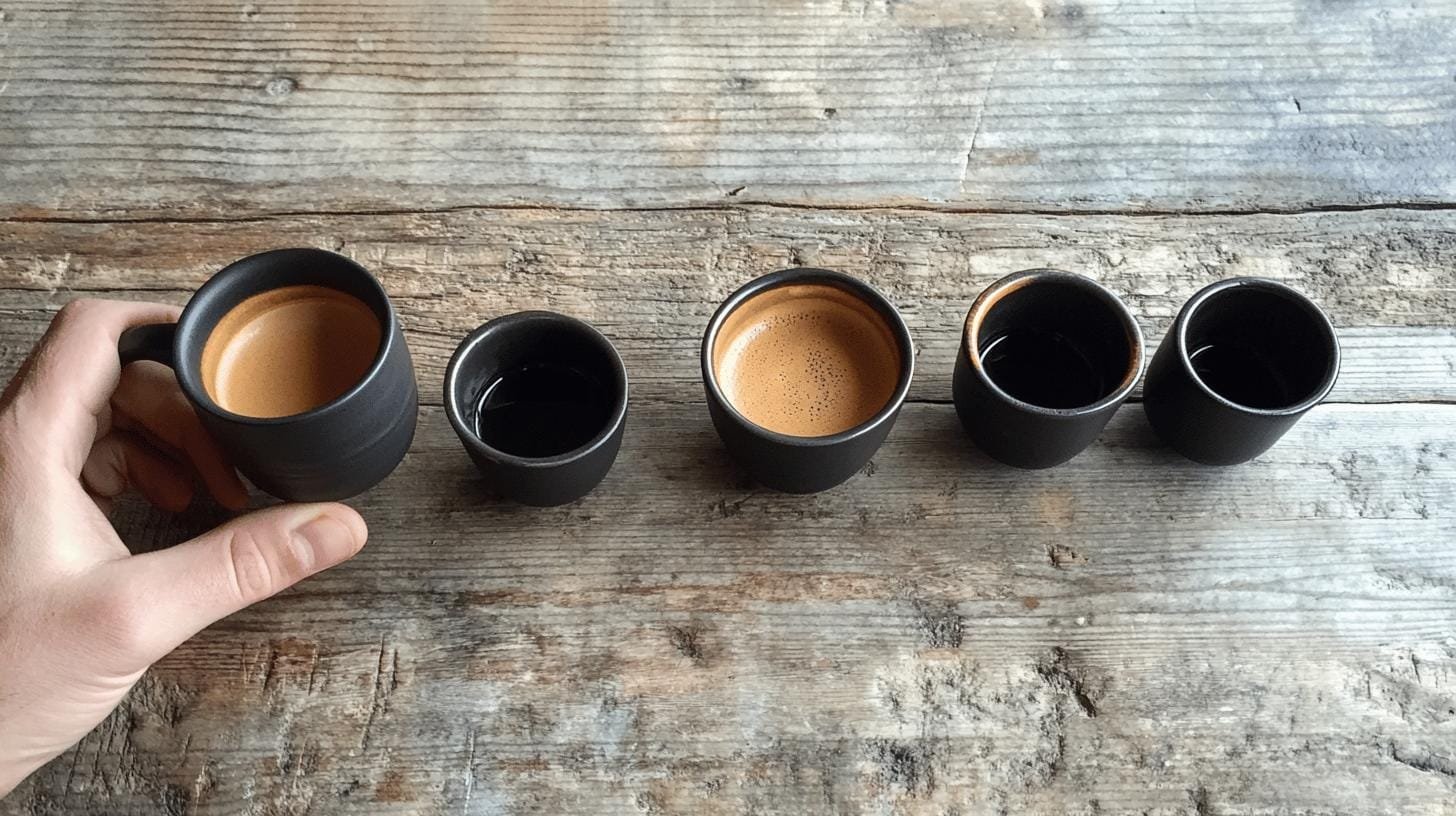 Black cups of coffee lined up on a table - Amount of Caffeine in Coffee vs Espresso.jpg