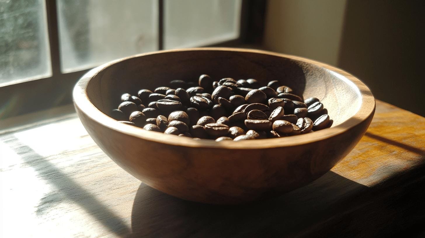 A wooden bowl of coffee beans on a table - Does Coffee Fight Inflammation?.jpg