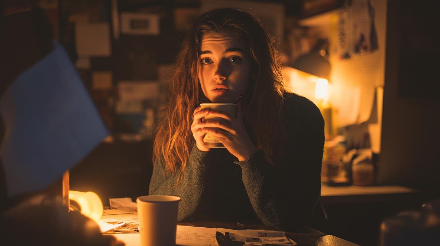 A girl holding a cup of coffee in a dark room - Addiction to Caffeine Symptoms.jpg