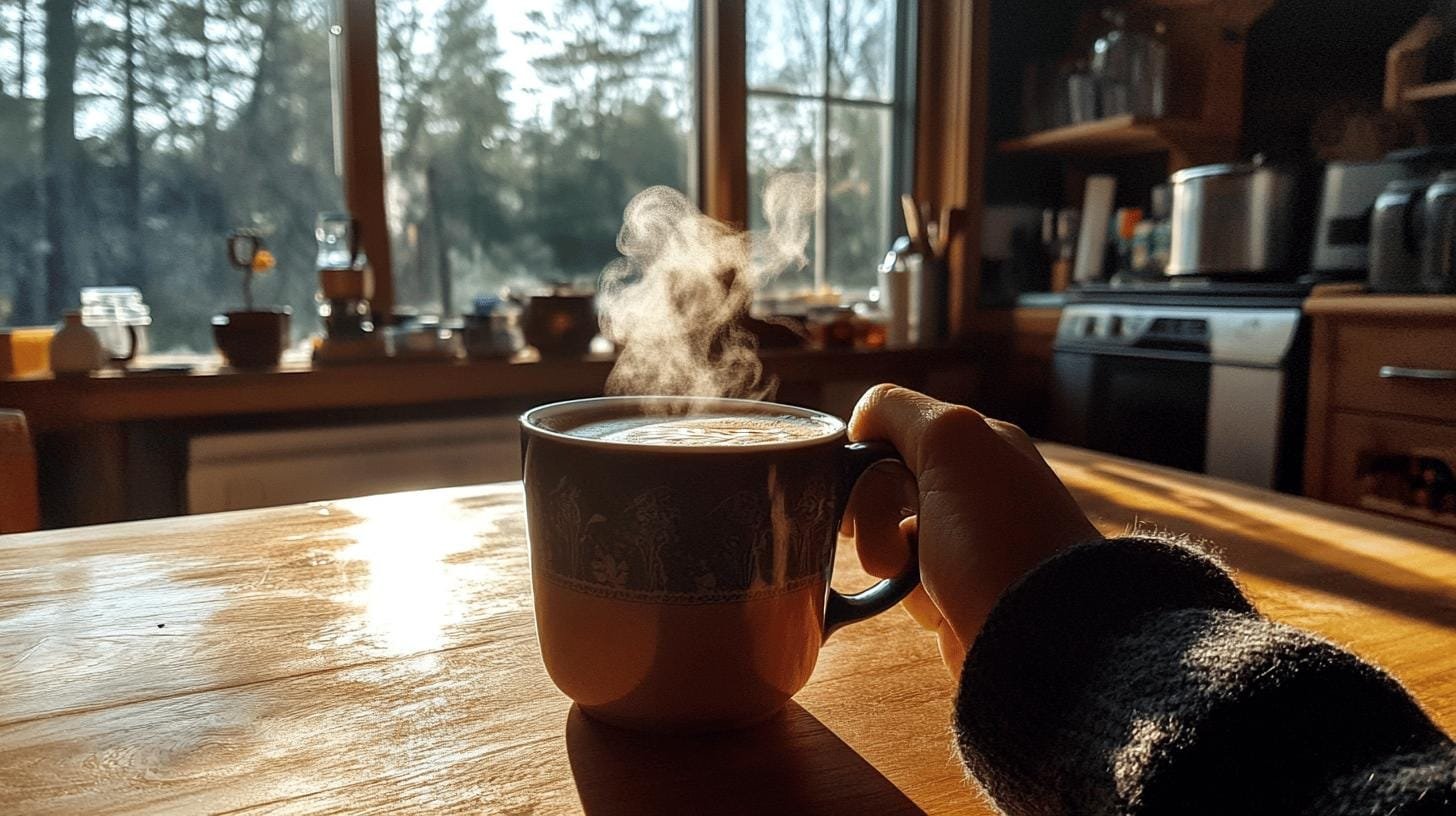 Hand holding a steaming cup of coffee on a table in a well lit room- Does Coffee Fight Inflammation?.jpg