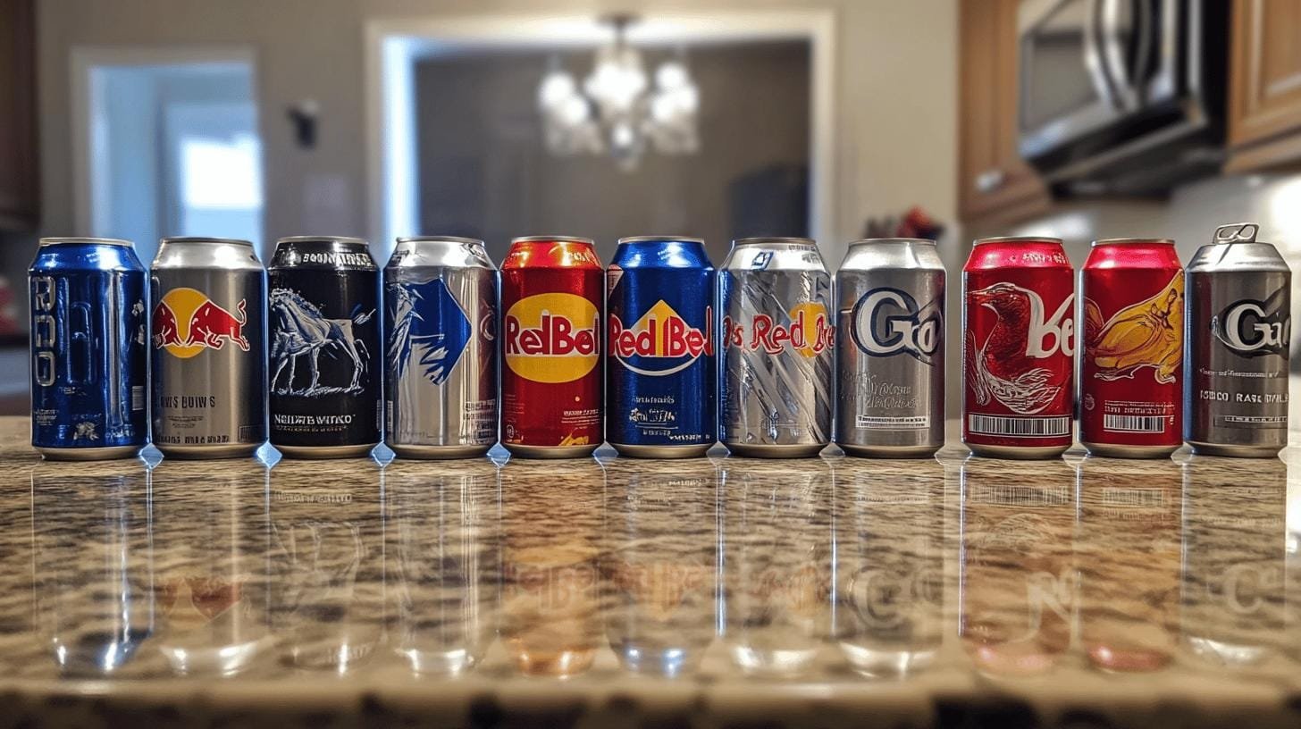 Cans of red bull drink lined up on a table - Amount of Caffeine in Red Bull.jpg