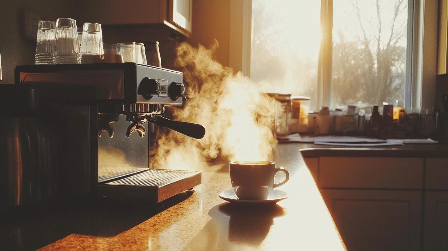 A cup of hot boiling coffee close to a coffee maker on a kitchen counter - Long Black Coffee vs Espresso.jpg