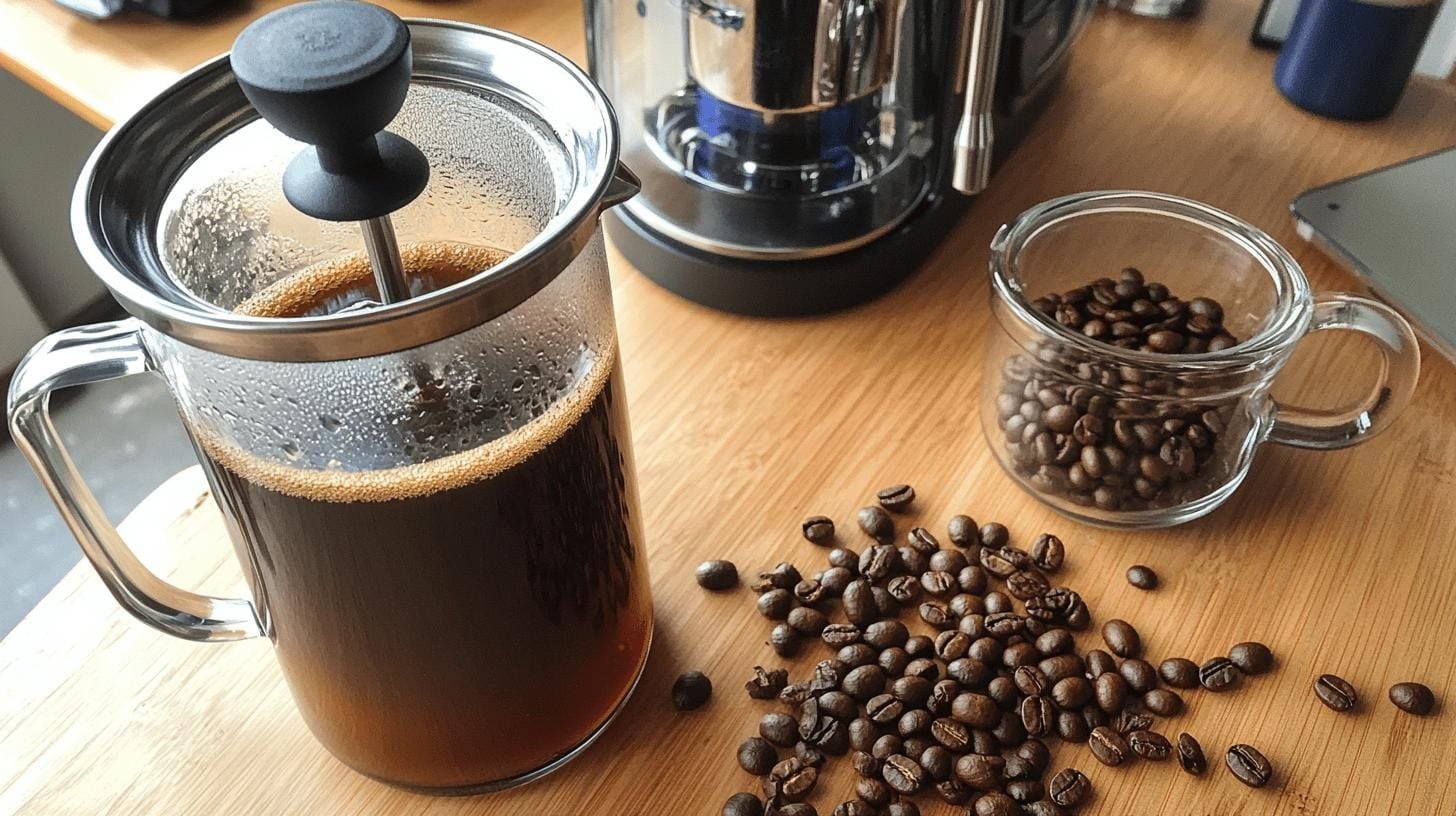 A french press coffee maker and a glass cup of coffee beans on a kitchen table - Decaf vs Bold Coffee.jpg