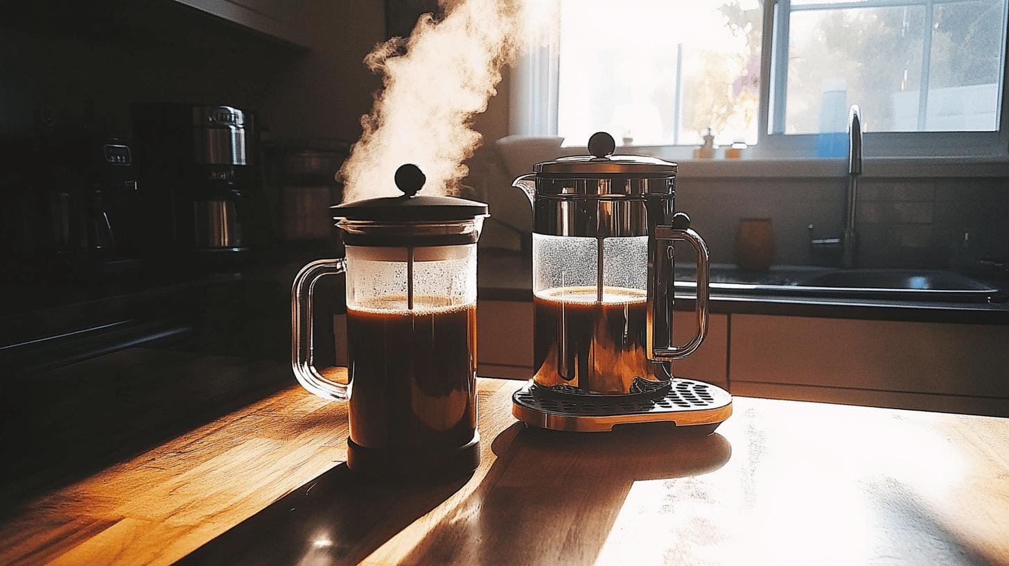 2 french press coffee makers on a kitchen counter - Bold Coffee vs Dark Roast.jpg