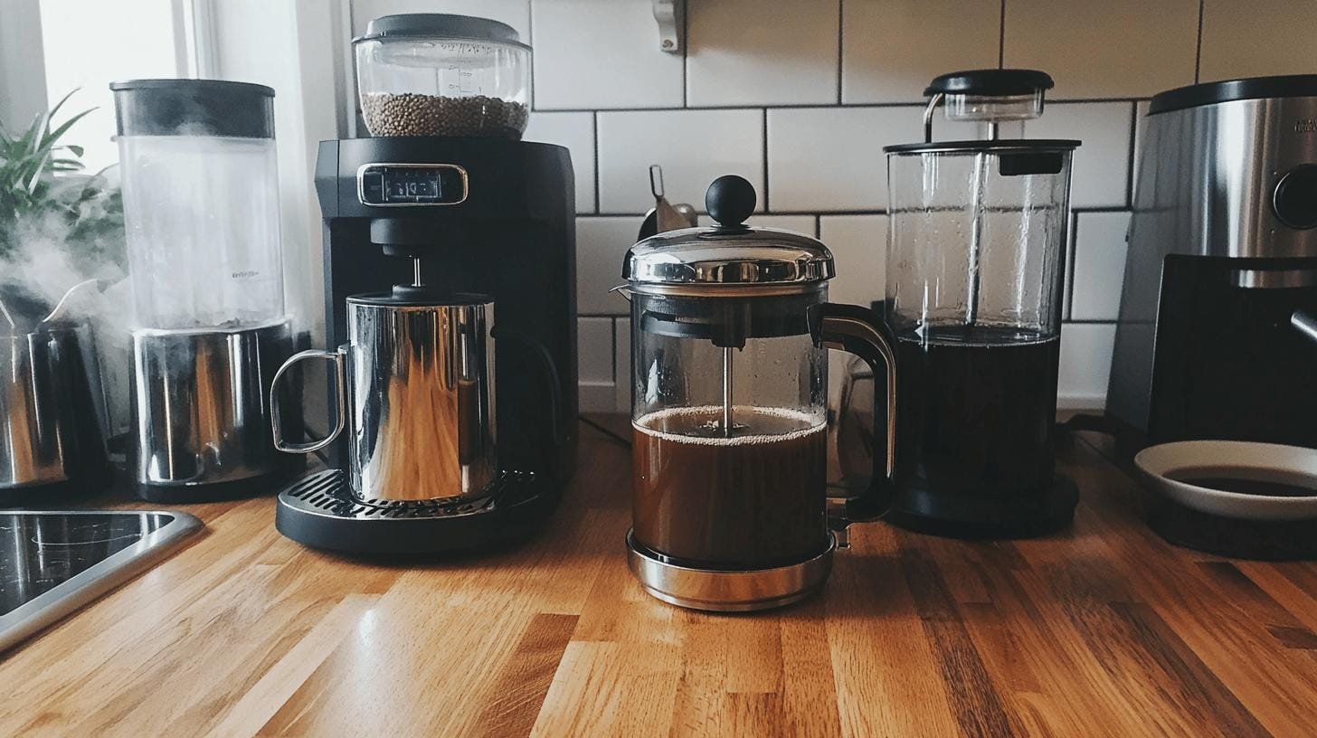 Different types of coffee makers on a kitchen counter- Decaf Flavored Coffee.jpg