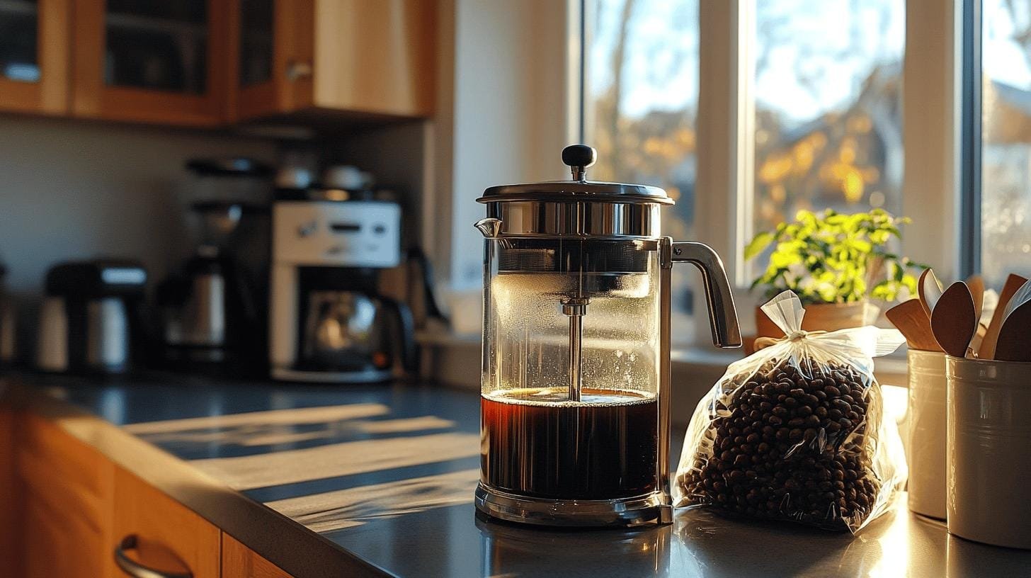 A french press coffee maker on a kitchen counter - What Does Bold Coffee Mean?.jpg