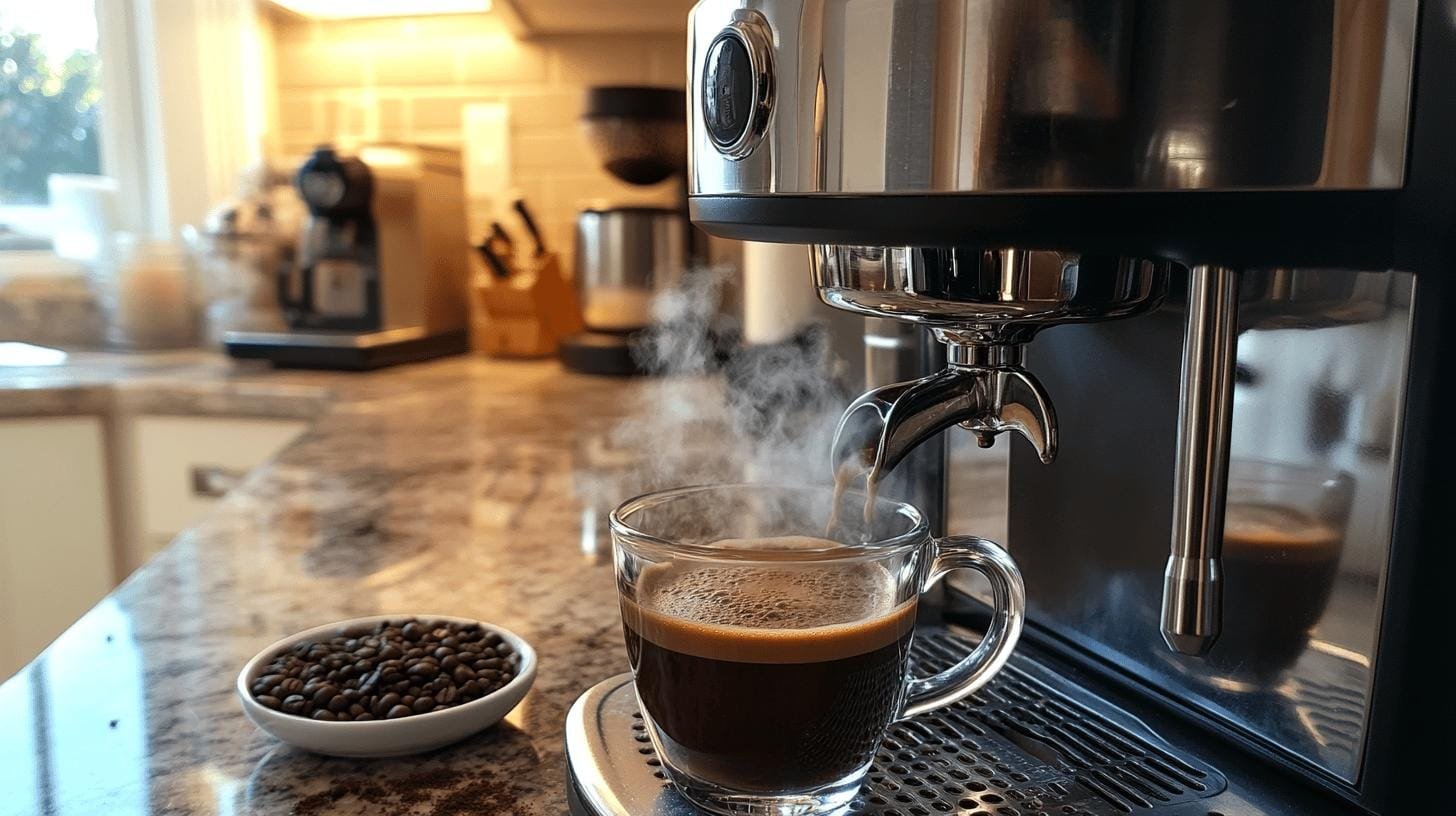 Coffee pouring from an espresso machine into a cup on a table beside a bowl of coffee beans - What Is Short Black Coffee.jpg