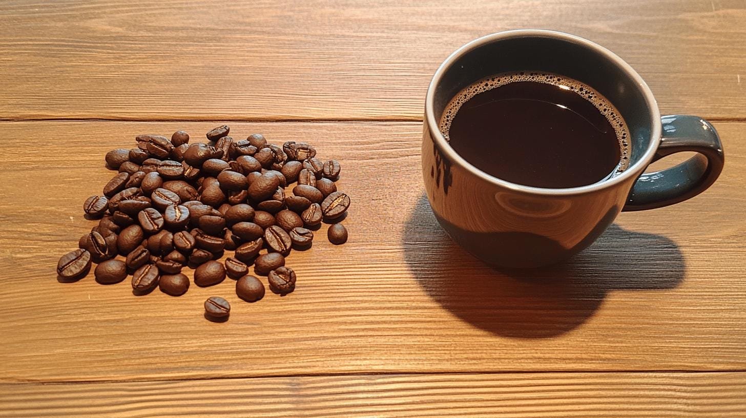 A cup of black coffee and grains of coffee beans on a table - Is Bold Coffee Stronger? .jpg