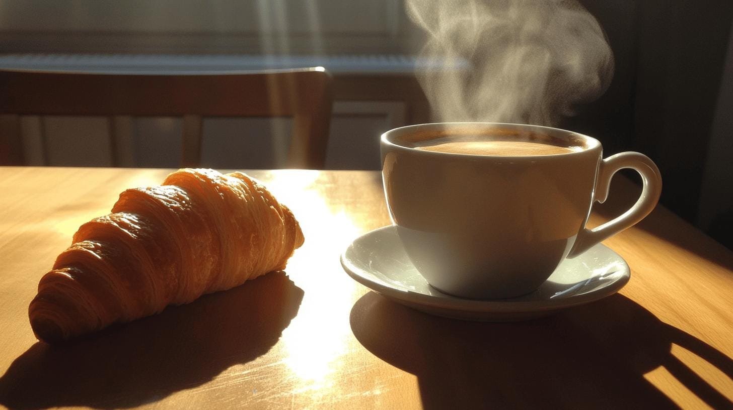 A cup or coffee and a croissant on a table - Smooth vs Bold Coffee.jpg