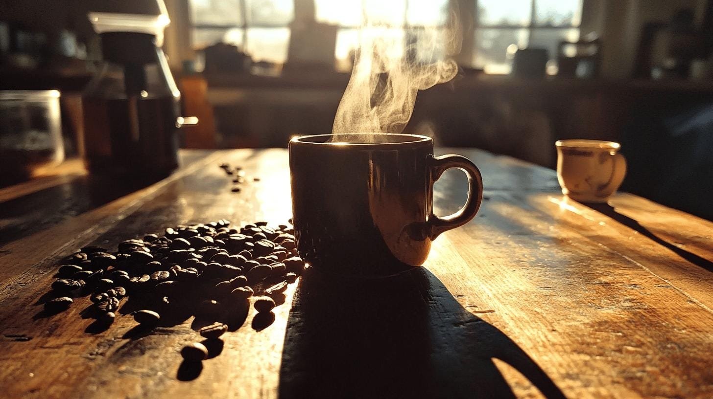 A steaming cup of coffee and grains of coffee beans on a kitchen table - How Long Can Black Coffee Keep You Awake?.jpg