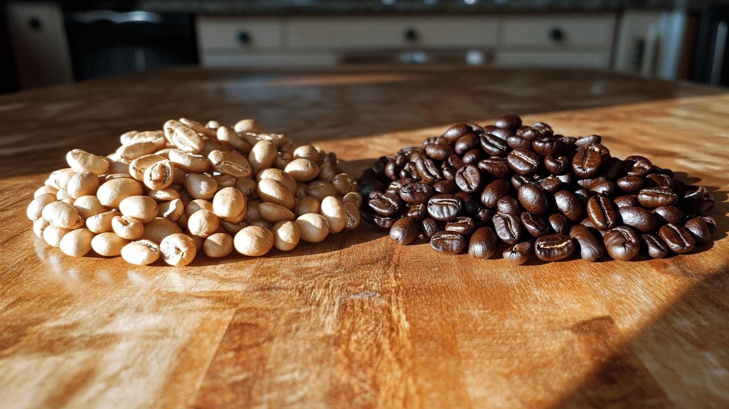 A heap of raw coffee beans and a heap of roasted coffee beans on a table - Is Bold Coffee More Acidic?.jpg