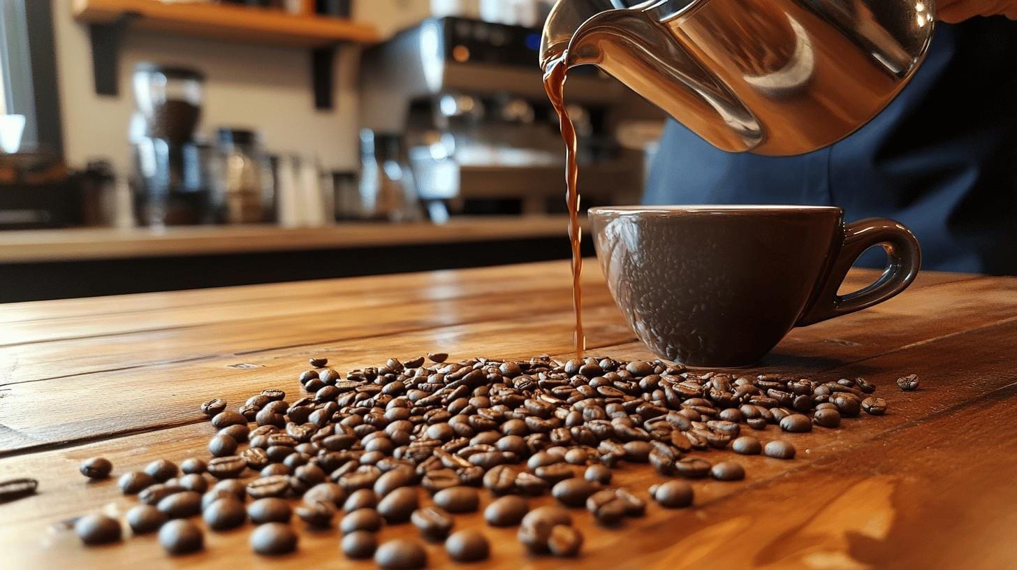 Pouring coffee on coffee beans on a table - Is Bold Coffee Stronger? .jpg