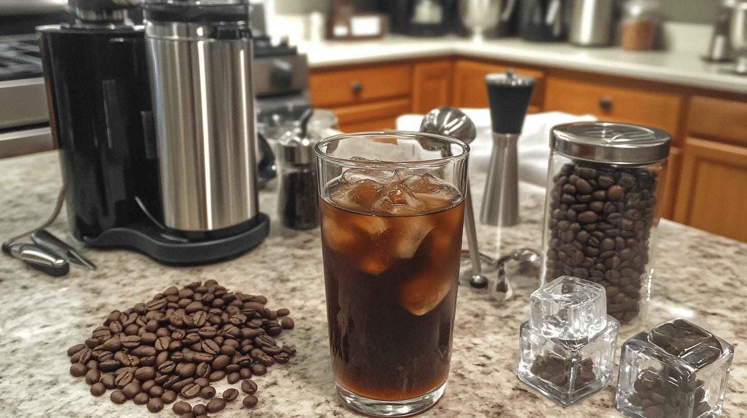 A cup of iced coffee, jars of coffee beans and a coffee maker on a table - Bold Iced Coffee.jpg