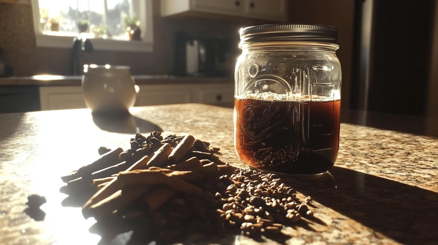 A glass jar of coffee beside cinnamon sticks and other spices -Ground Coffee for Cold Brew