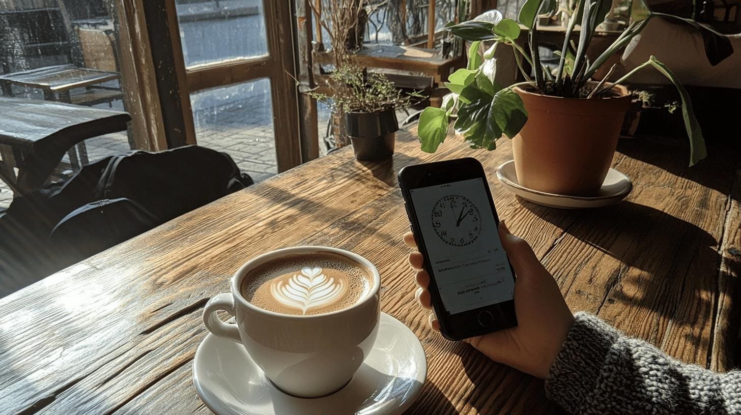 A phone screen showing the time and a cup of coffee on a table with a potted plant - How Long Black Coffee Takes to Kick In.jpg