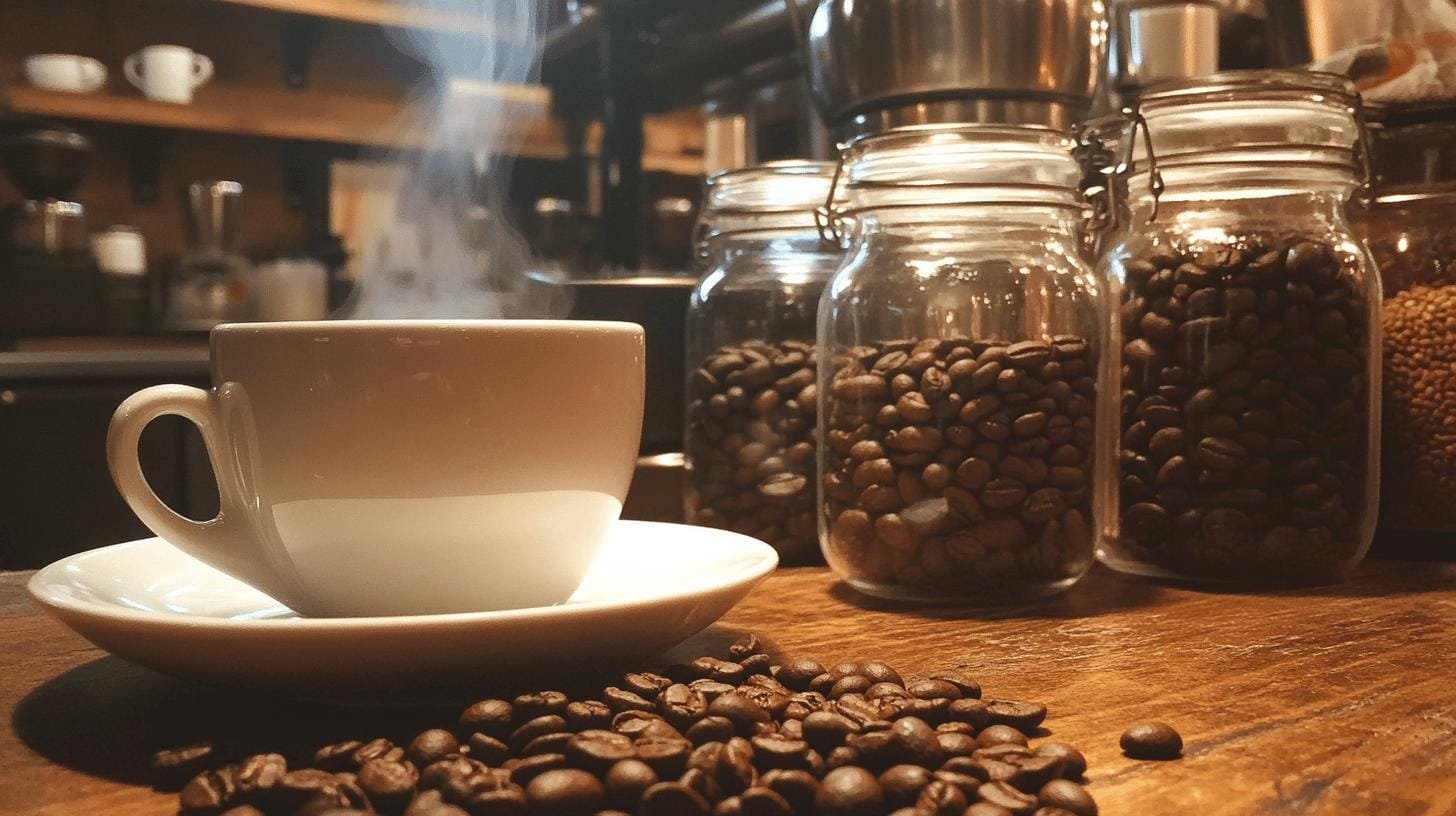 A cup of coffee and transparent jars of coffee beans on a kitchen table - Custom Coffee Blend.jpg