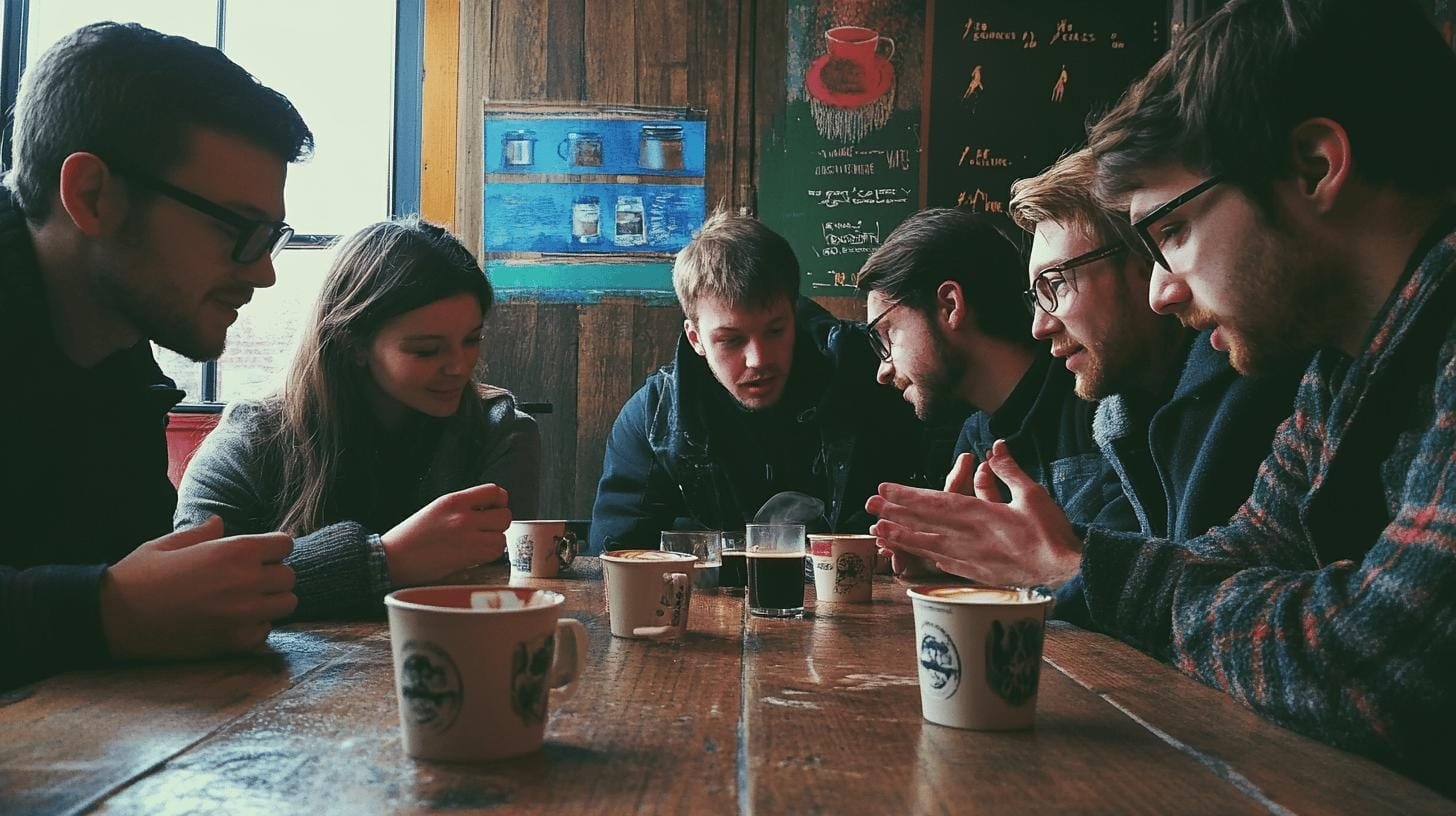 Five boys and one girl sitting and discussing while having coffee - How Long Black Coffee Takes to Kick In.jpg