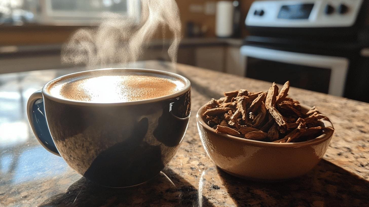 A cup of coffee and a bowl of chicory root on a table - Coffee and Chicory Blend.jpg