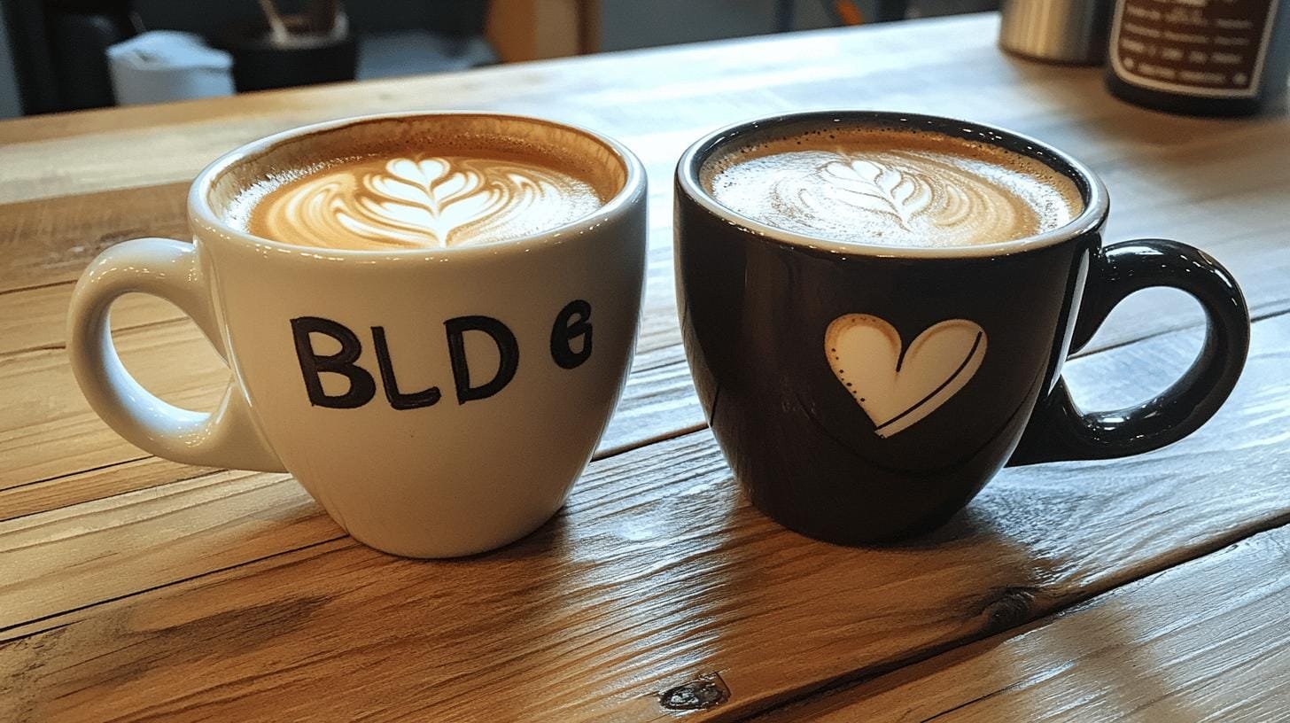 A cup of bold coffee and a cup of decaf coffee on a table - Decaf vs Bold Coffee.jpg