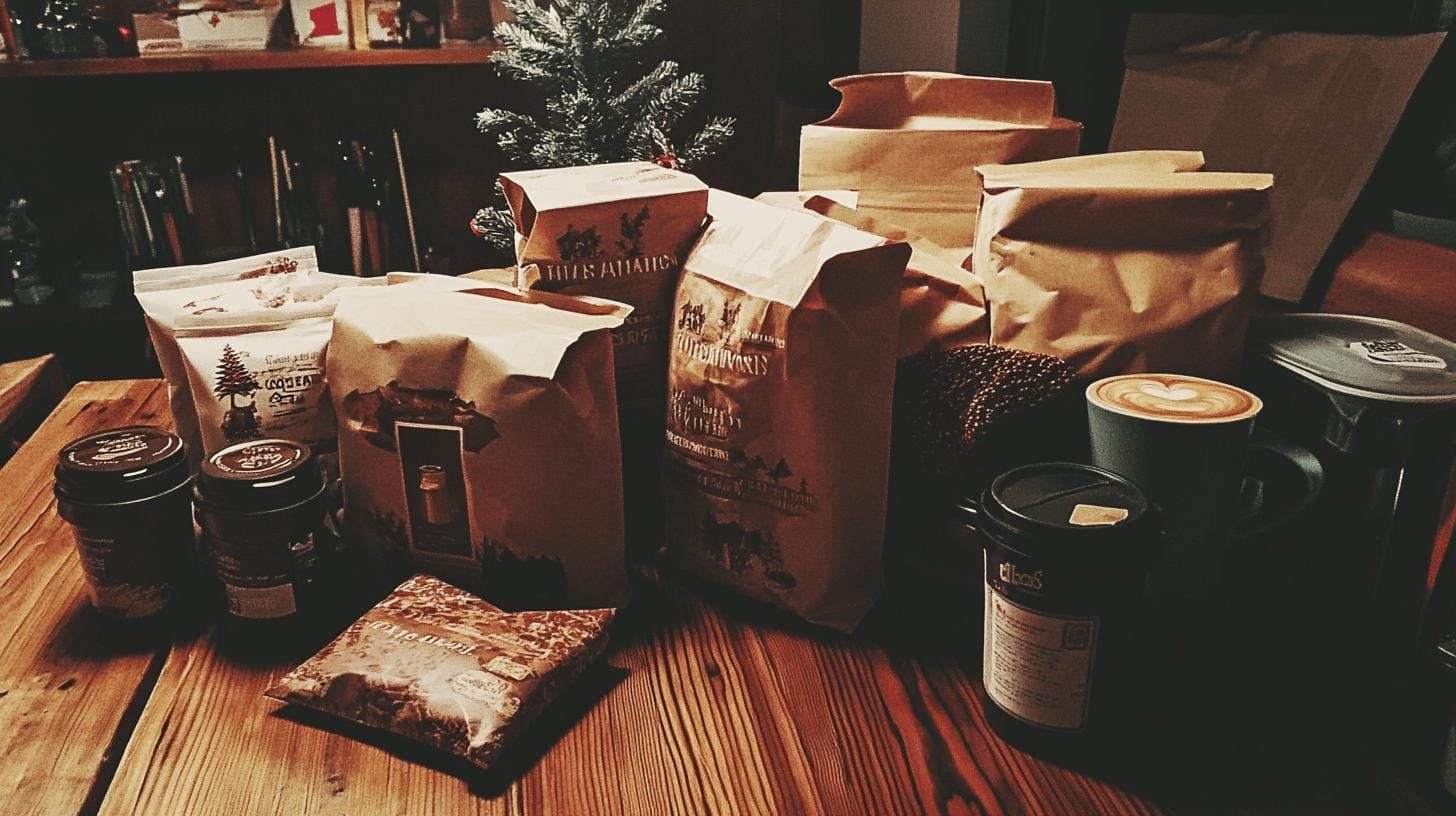 Packaged paper bags and cups of coffee close to a christmas tree- Coffee Christmas Blend.jpg