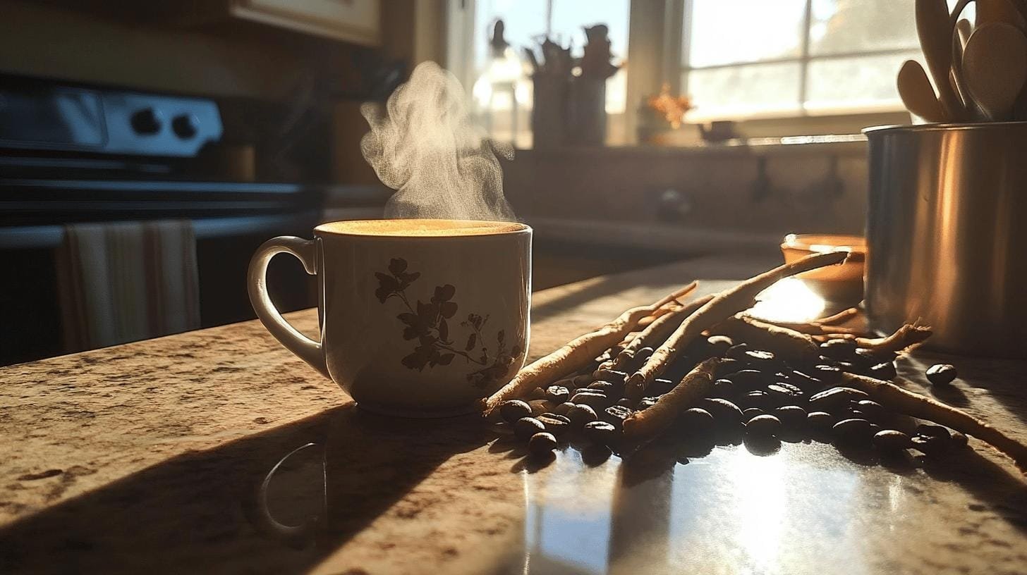 A steaming cup of coffee and chicory roots on a kitchen table - Coffee and Chicory Blend.jpg