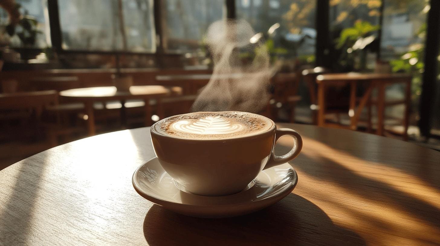 A cup of coffee in a saucer on a table - Decaf Mushroom Coffee.jpg