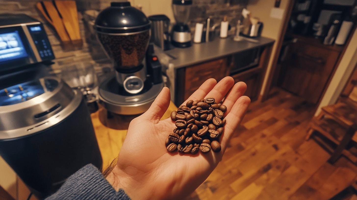 Coffee beans on a person’s palm - Caramel Decaf Coffee.jpg