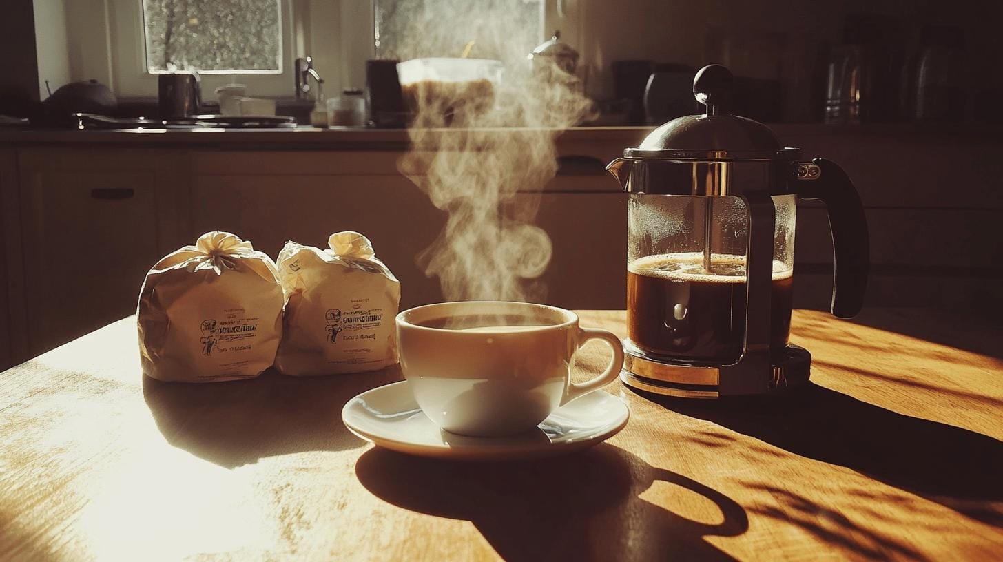 A french press coffee maker, a cup of coffee in a saucer and 2 paper bags of coffee beans on a kitchen table - Is Bold Coffee Stronger Than Dark Roast?.jpg