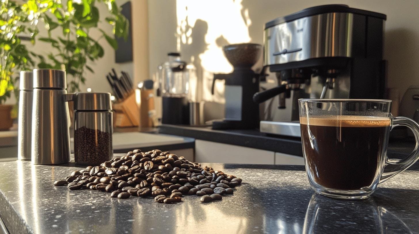 A glass of black coffee and grain of coffee beans on a kitchen counter - Long Black Coffee Recipe.jpg