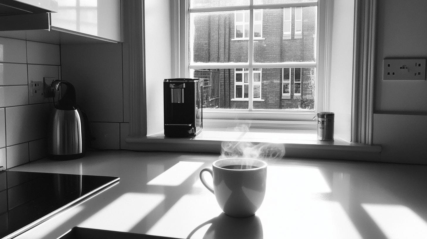 A steaming cup of coffee on a kitchen counter- Long Black Coffee Calories.jpg