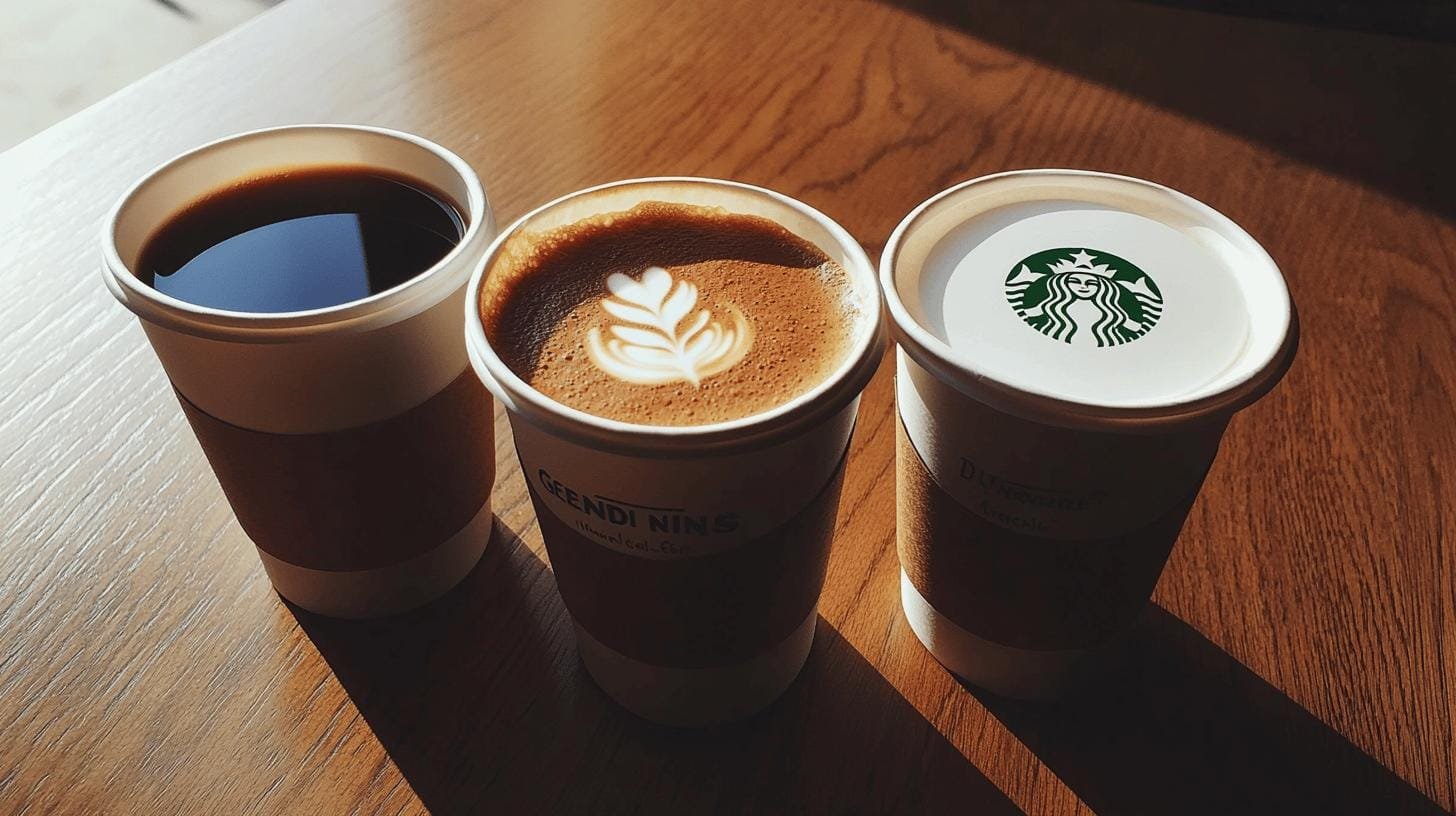 2 paper cups of coffee and a paper cup of starbucks coffee on a table - Caramel Decaf Coffee.jpg