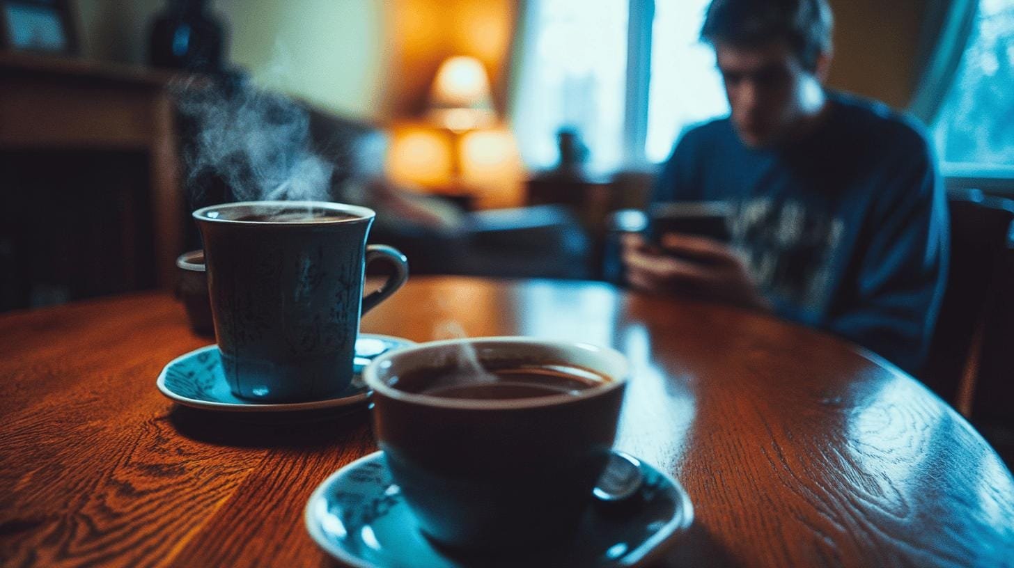 A man sitting across 2 cups of coffee on a table - Decaf Mushroom Coffee.jpg