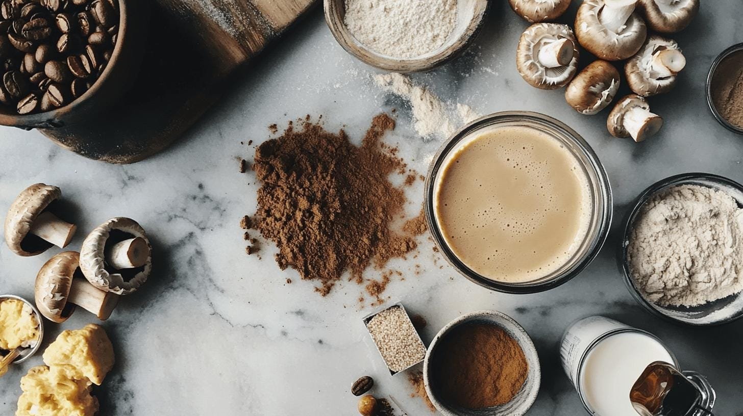 Ingredients for mushroom coffee preparation scattered on a kitchen table - Decaf Mushroom Coffee.jpg