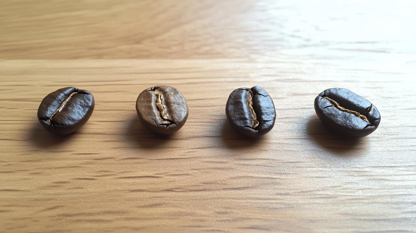 4 coffee grains on a table -Does Bold Coffee Have More Caffeine.jpg