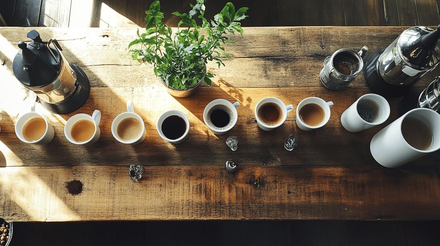 Cups of coffee arranged on a table for coffee tasting - Bold Decaf Coffee.jpg