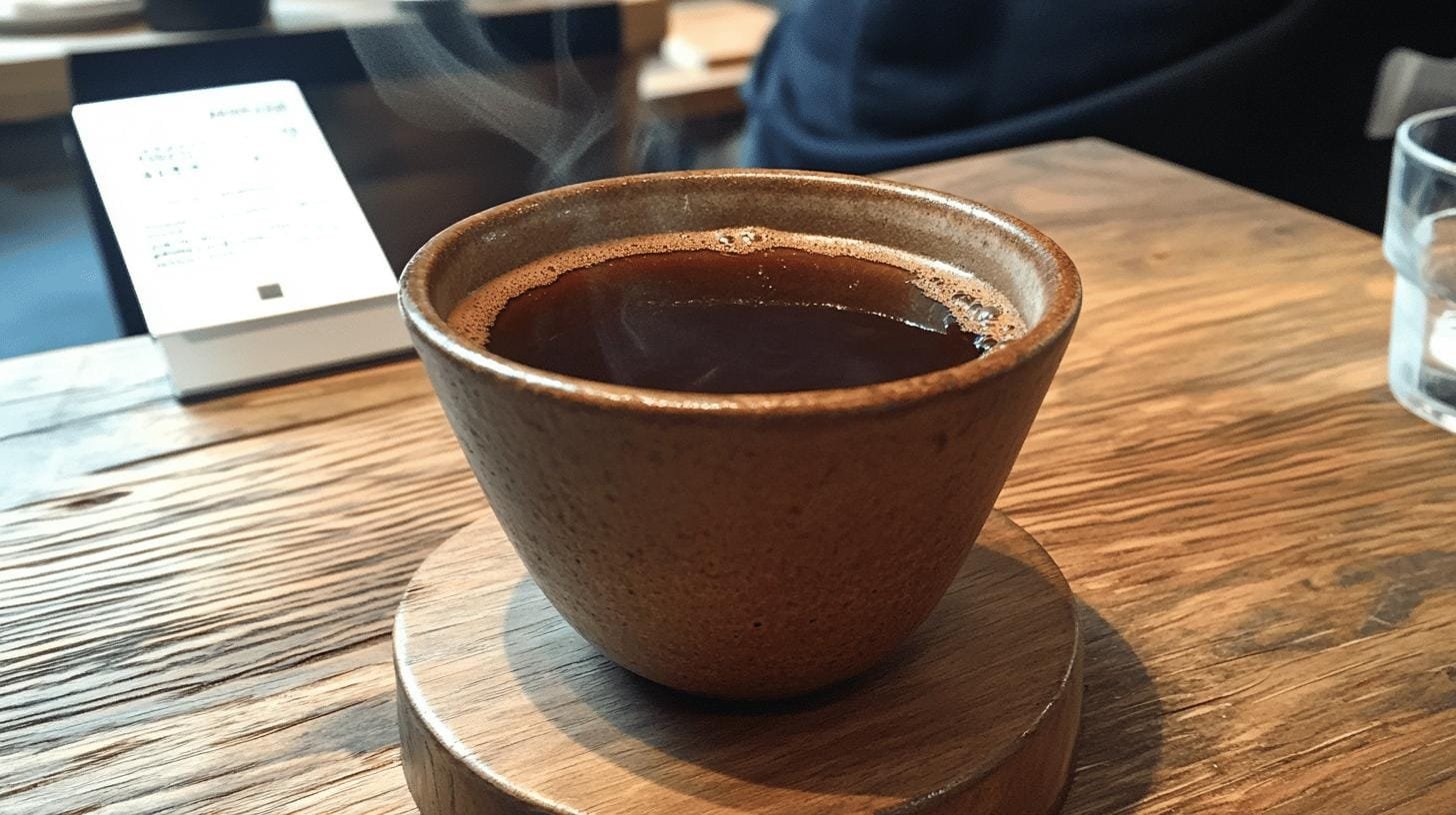 A wooden cup of coffee on a wooden table - .jpg