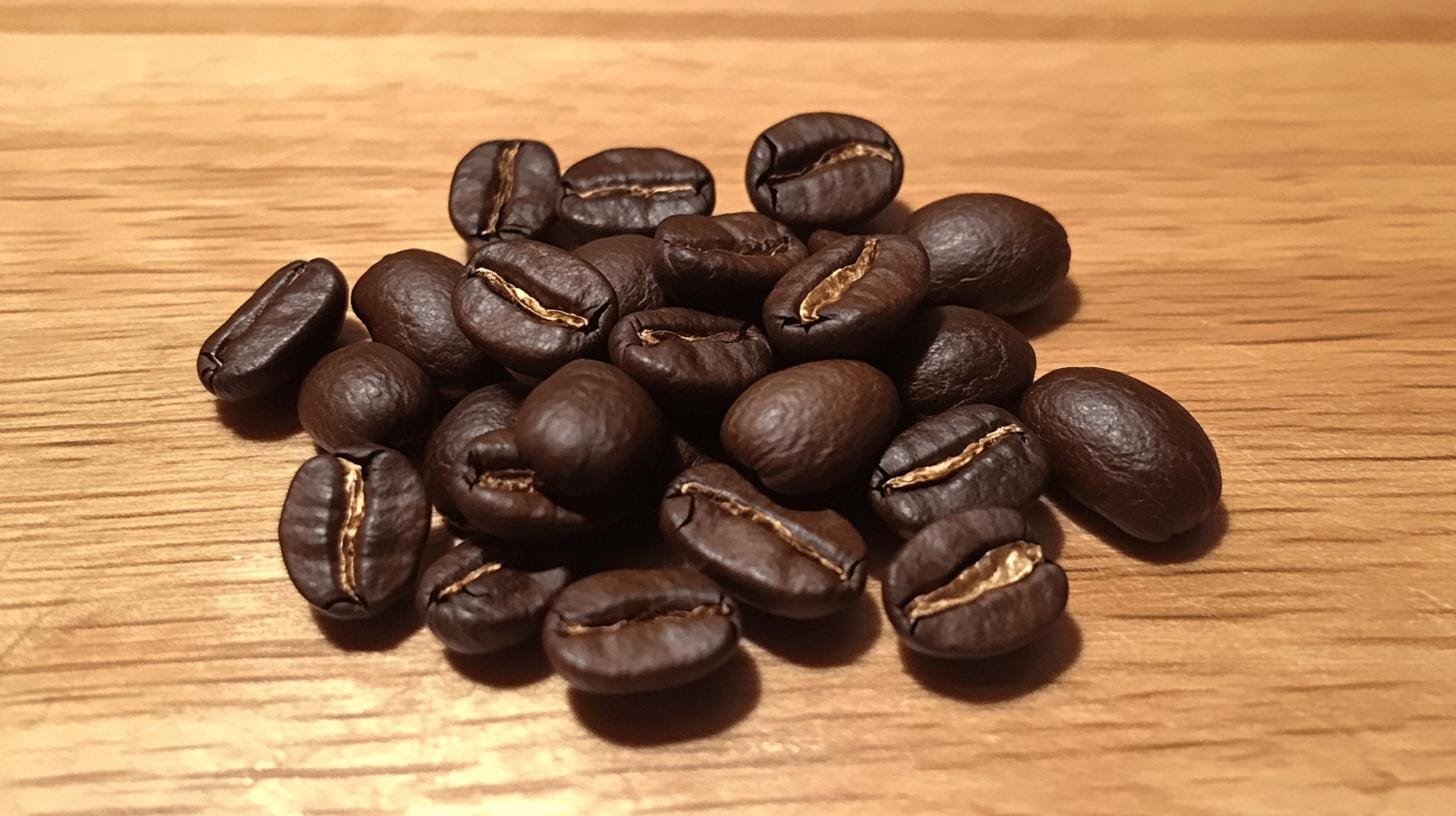 Dark roasted coffee beans arranged on a brown surface - Is Bold Coffee Stronger Than Dark Roast?.jpg