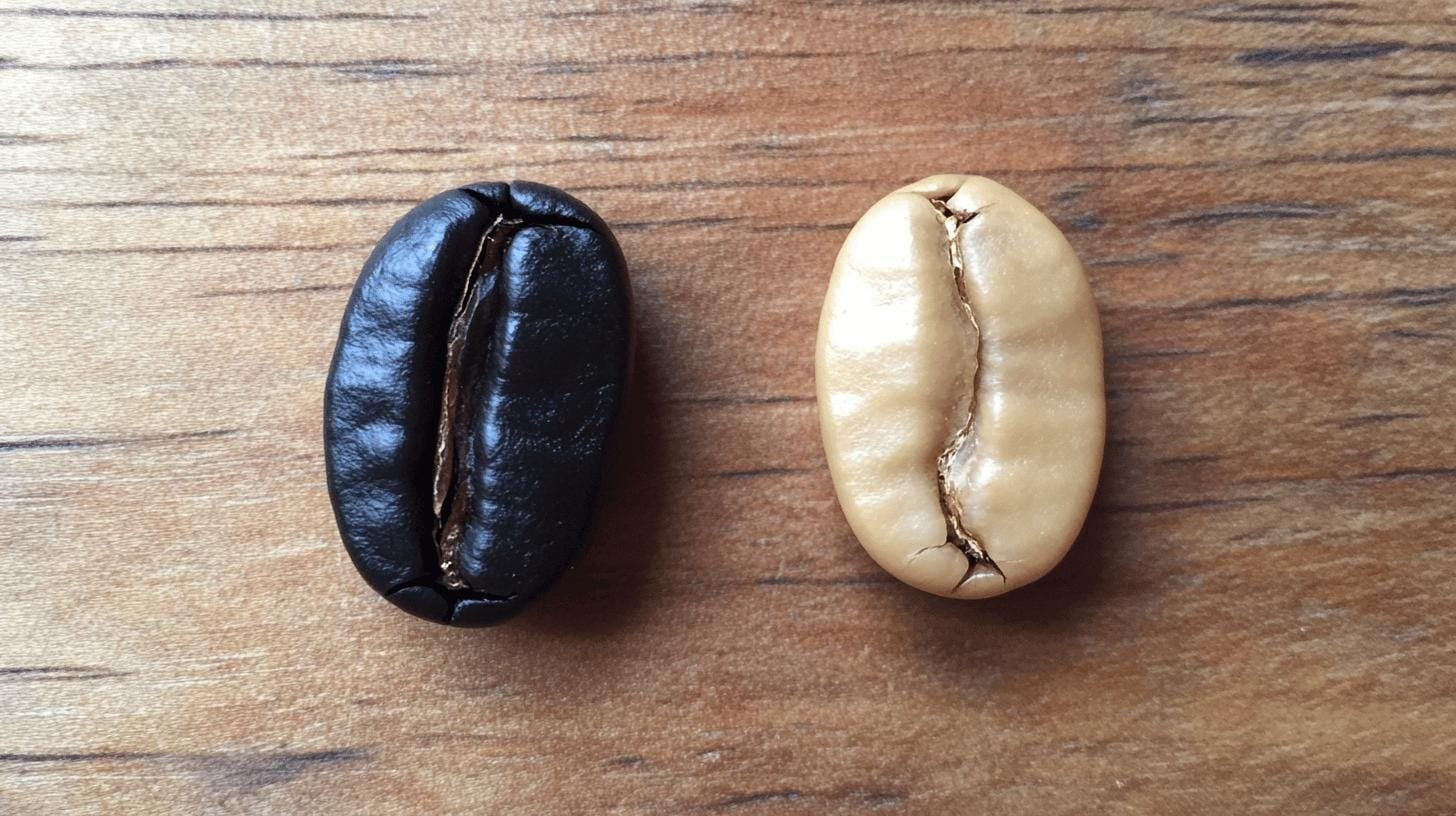 Light roast coffee bean and dark roast coffee bean on a table - Light vs Bold Coffee.jpg