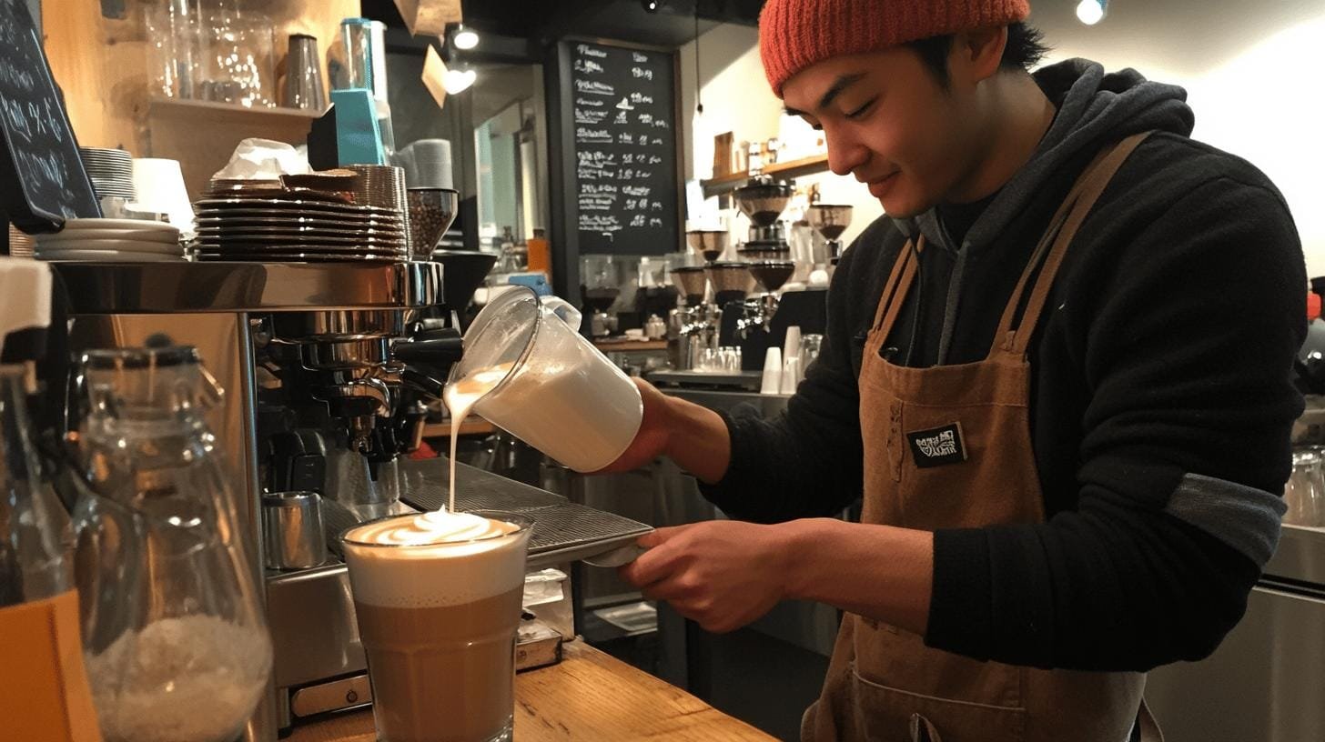 Man on apron pouring milk into a coffee cup to make latte art  - How Long Does Latte Art Last.jpg