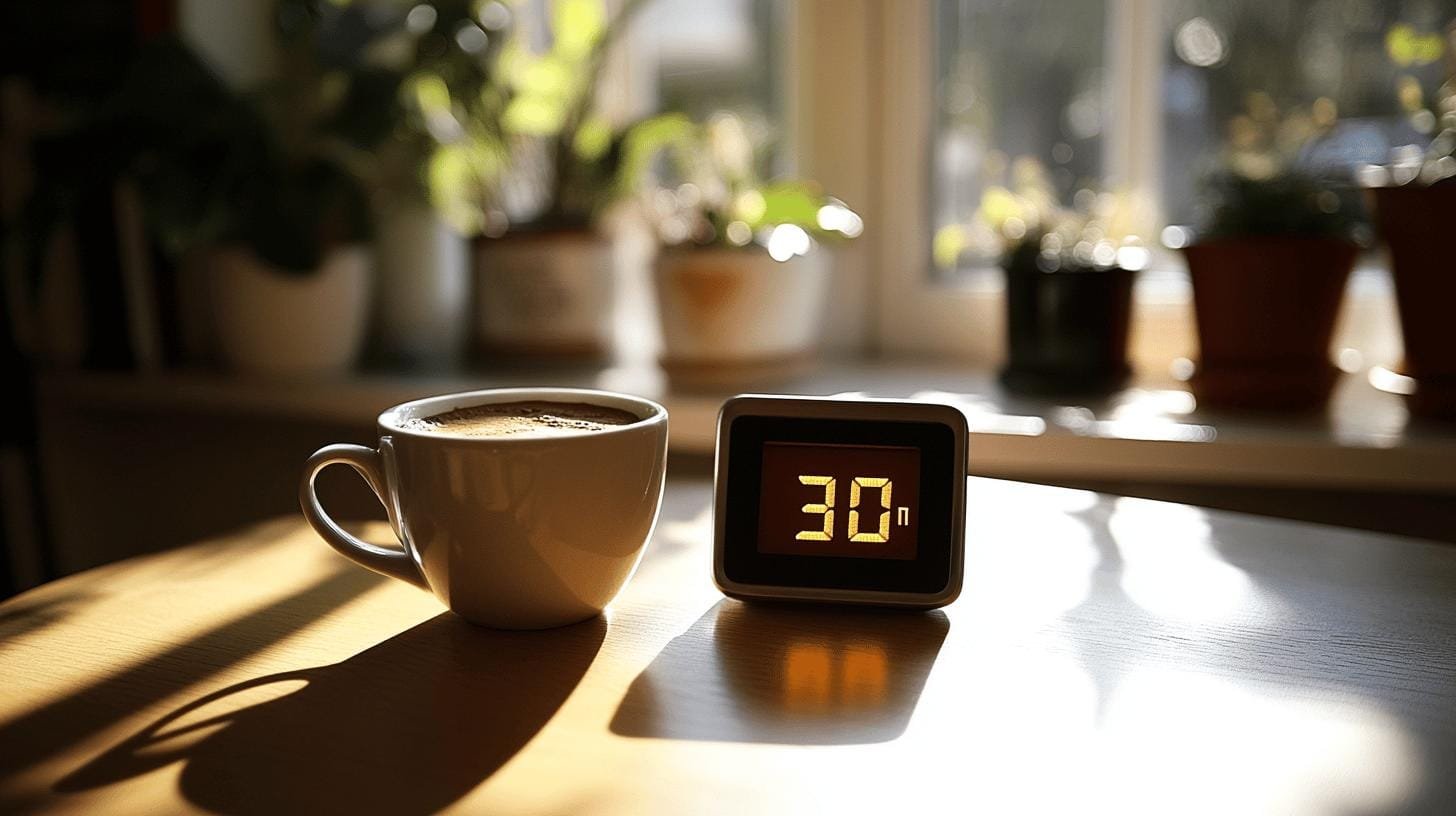 A cup of coffee and a digital watch on a table - How Long Can Black Coffee Keep You Awake?.jpg