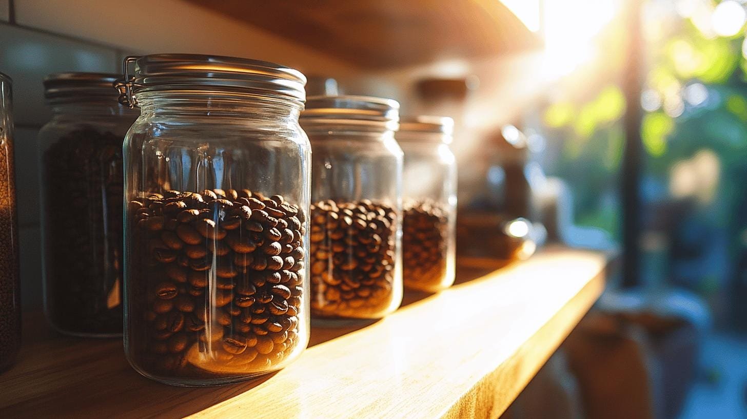 Jars of coffee beans arranged on a shelf - How Old Coffee Can You Drink Safely?.jpg