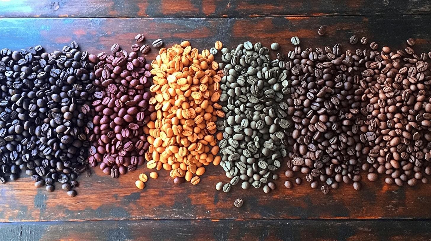 Different colors of coffee beans arranged on a wooden surface - Best Coffee Blends.jpg