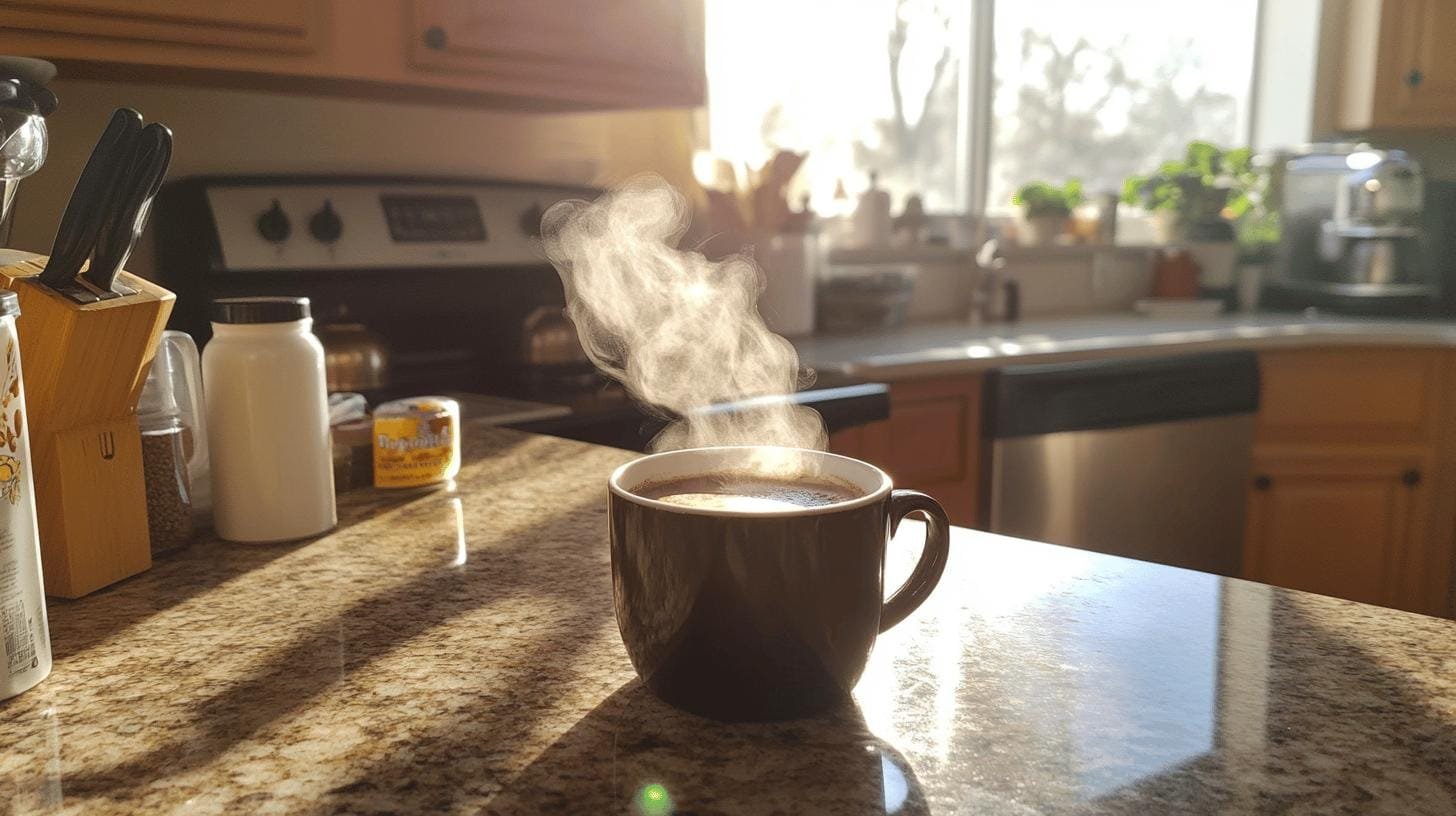 A steaming cup of coffee on a kitchen table - Bold Instant Coffee.jpg