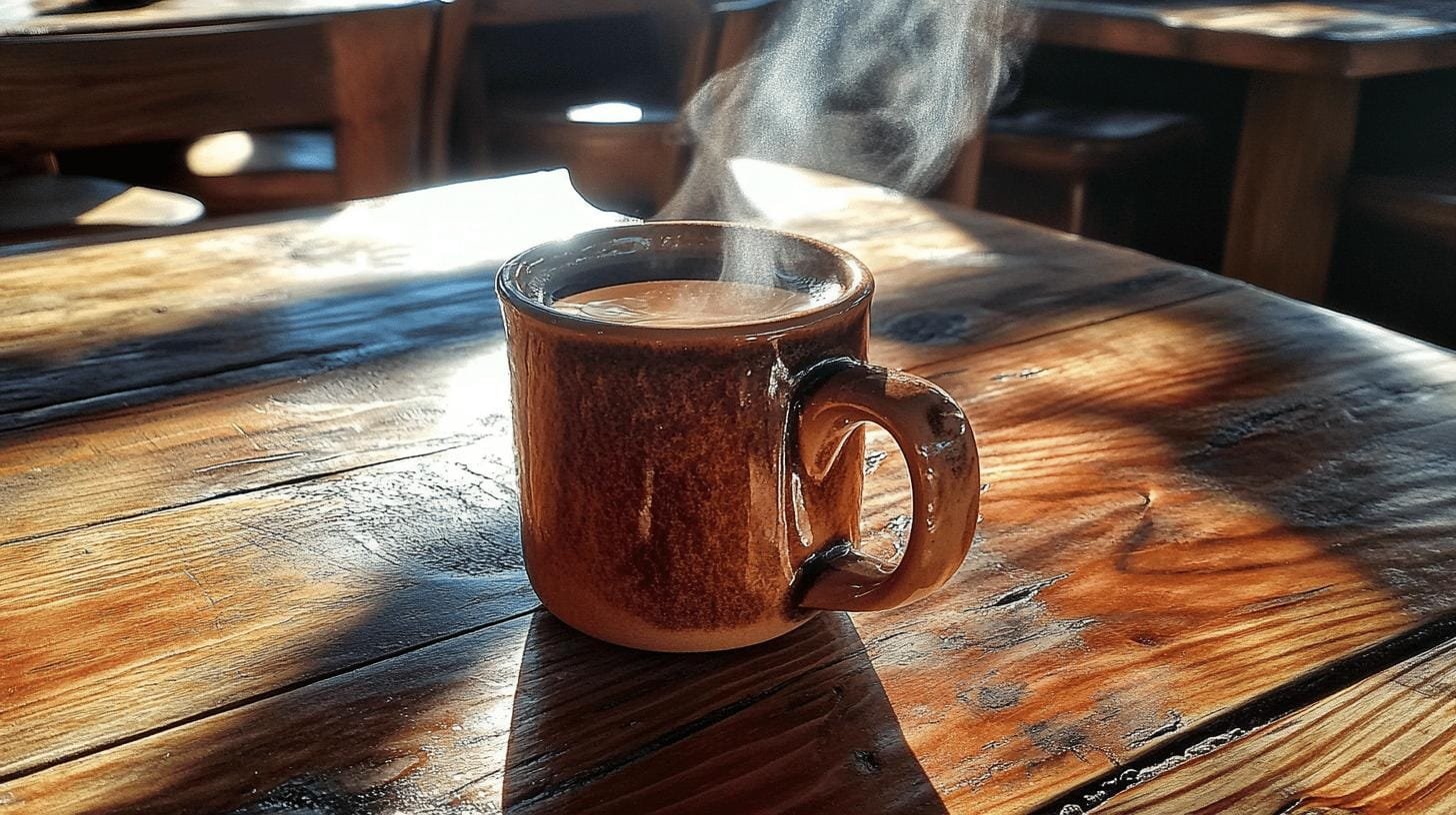 A steaming cup of coffee on a wooden table - What Does Extra Bold Coffee Mean.jpg