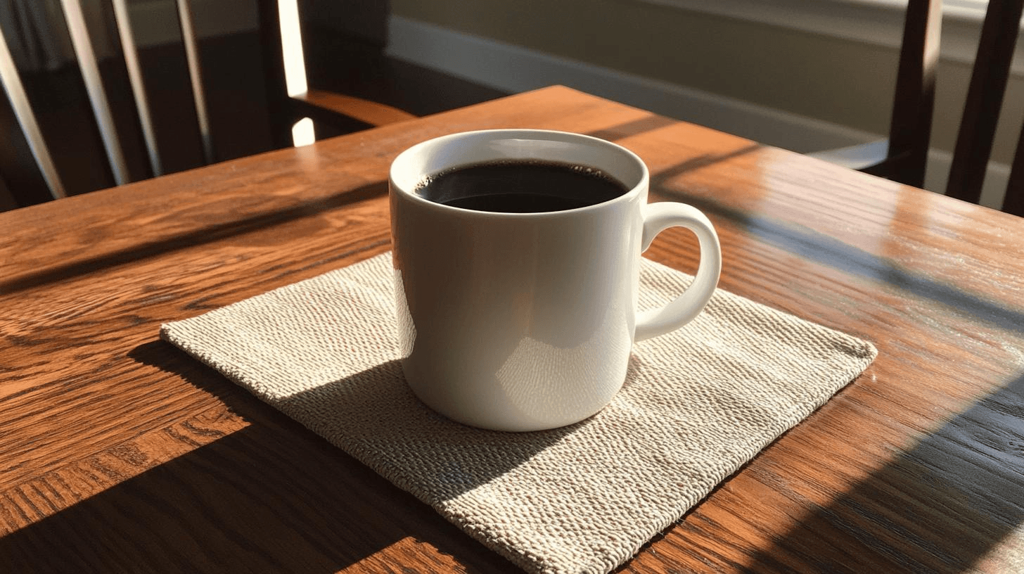 A cup of coffee on a tablecloth on a table- Is a Long Black Coffee Strong?