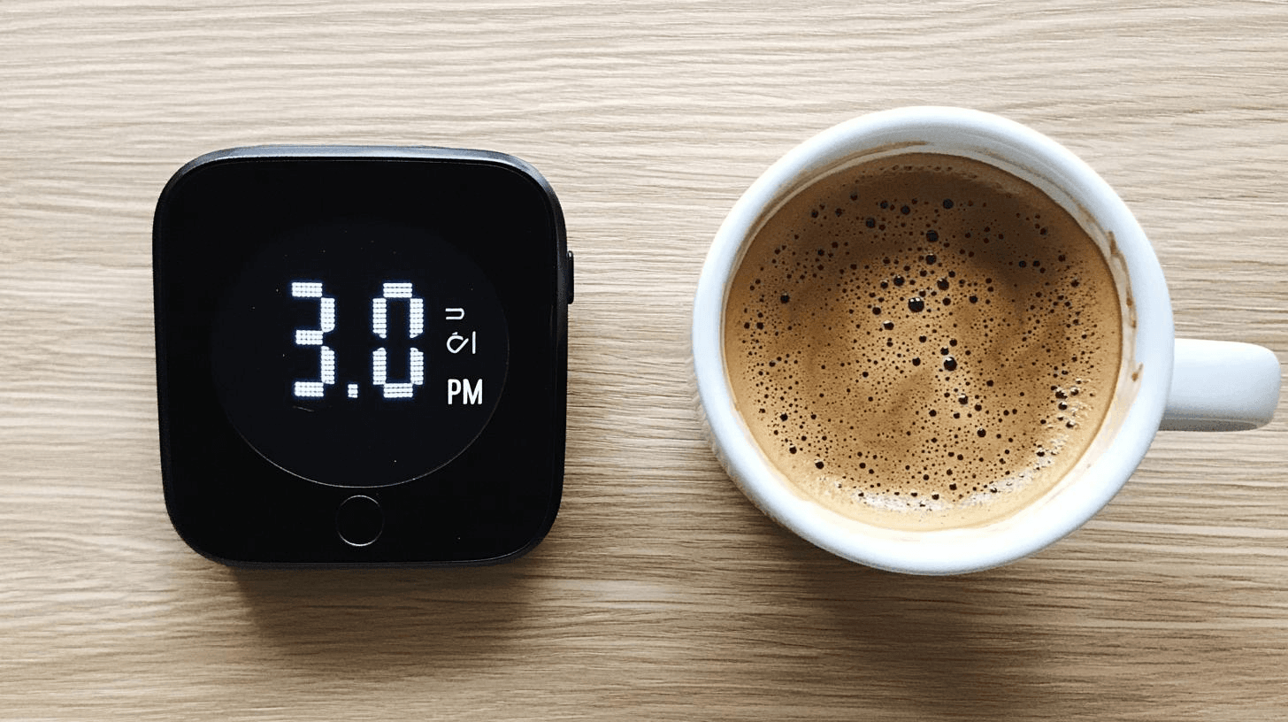 A cup of coffee and a digital watch on a table - Is a Long Black Coffee Strong?